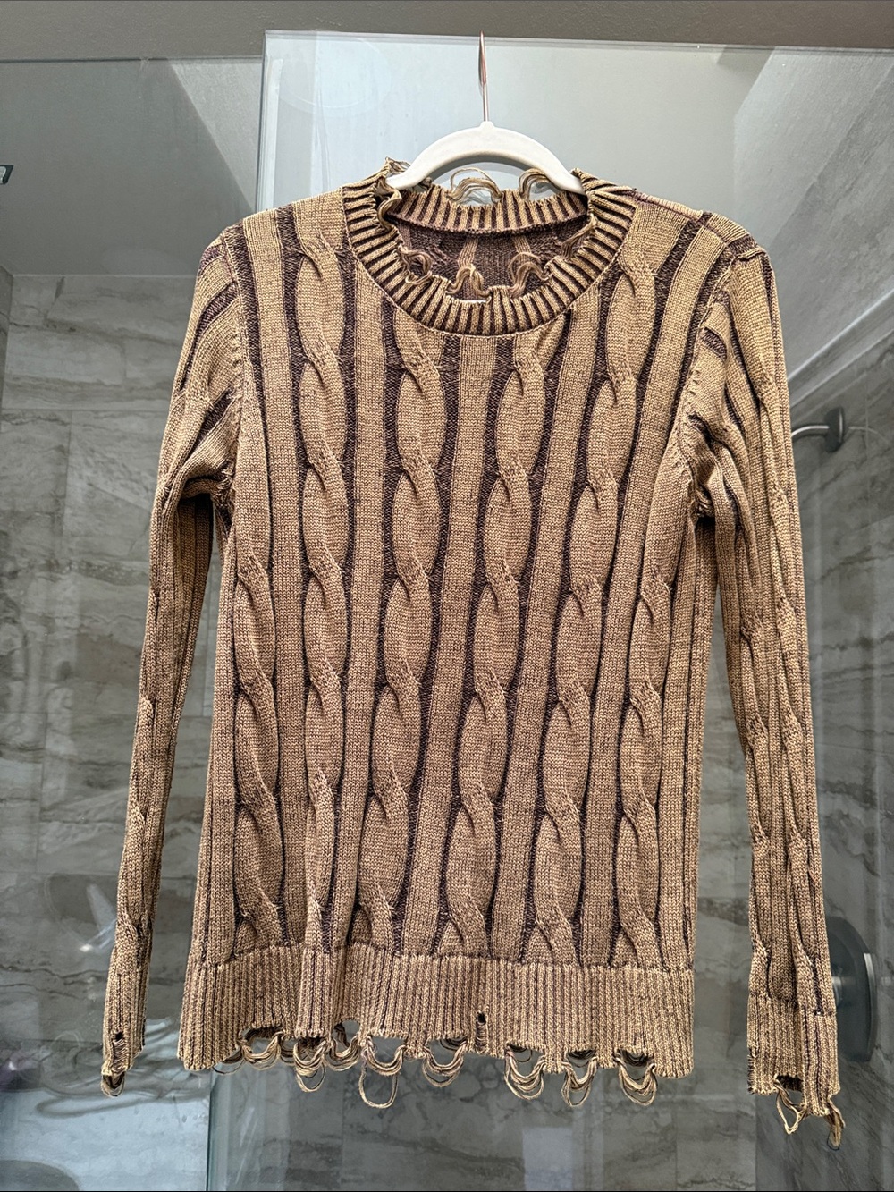 Three Bird Nest Distressed Cable-Knit Sweater